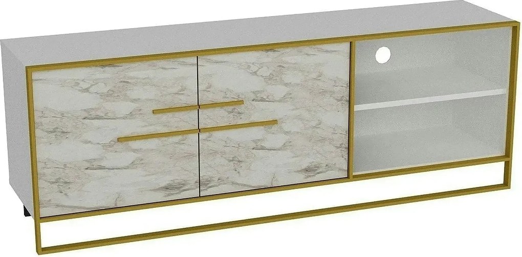 Comoda TV POLKA, alb/auriu, PAL melaminat/metal, 160x39x57 cm