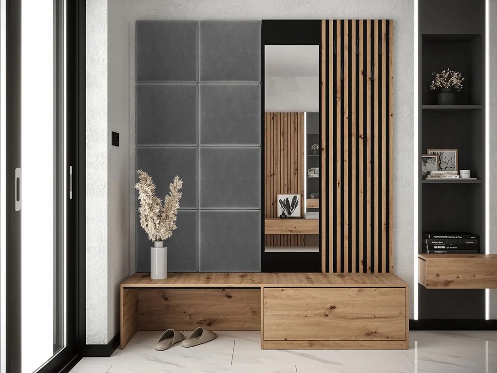 Mobilier hol Anrolat I (Stejar artisan + Negru + Gri) (cu oglindă). 1104701