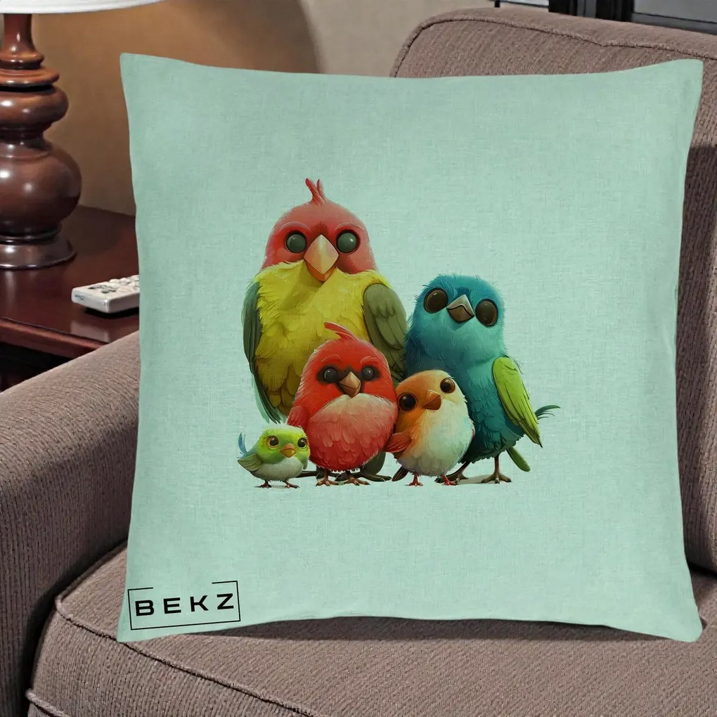 Perna Decorativa Familie de Pasarele Colorate, 40x40 cm, Verde Menta, Husa Detasabila, Perna Inclusa, BEKZ®