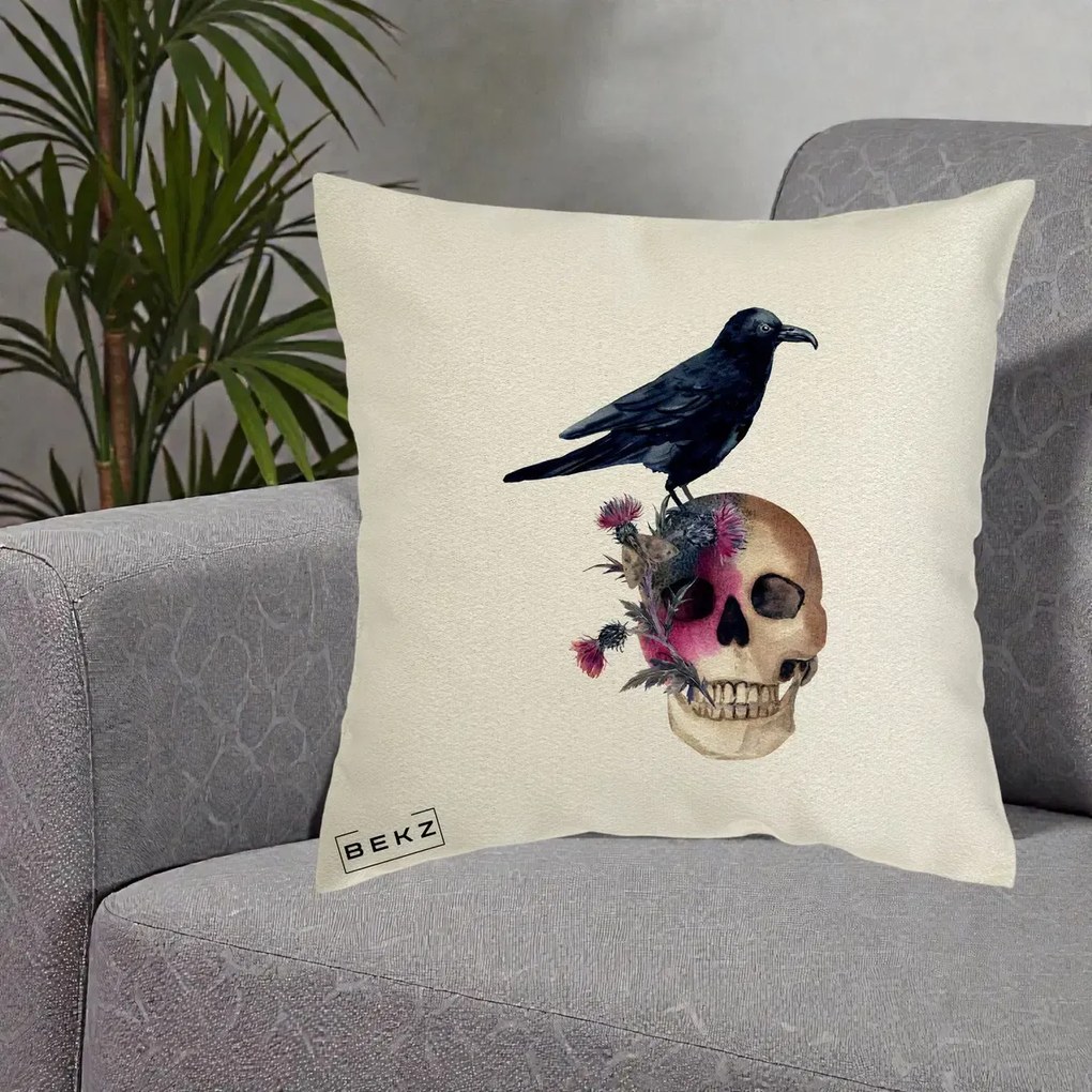 Perna Decorativa Craniu cu Corb si Flori Gothic, 40x40 cm, Ecru, Husa Detasabila, Perna Inclusa, BEKZ®