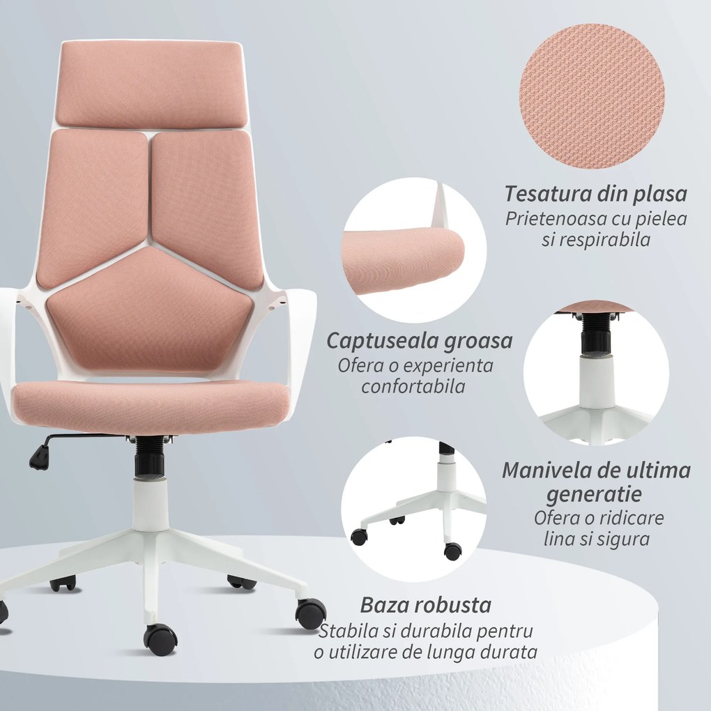HOMCOM Scaun de Birou sau Gaming din Țesătură cu Spătar Înalt, Roz | Aosom Romania