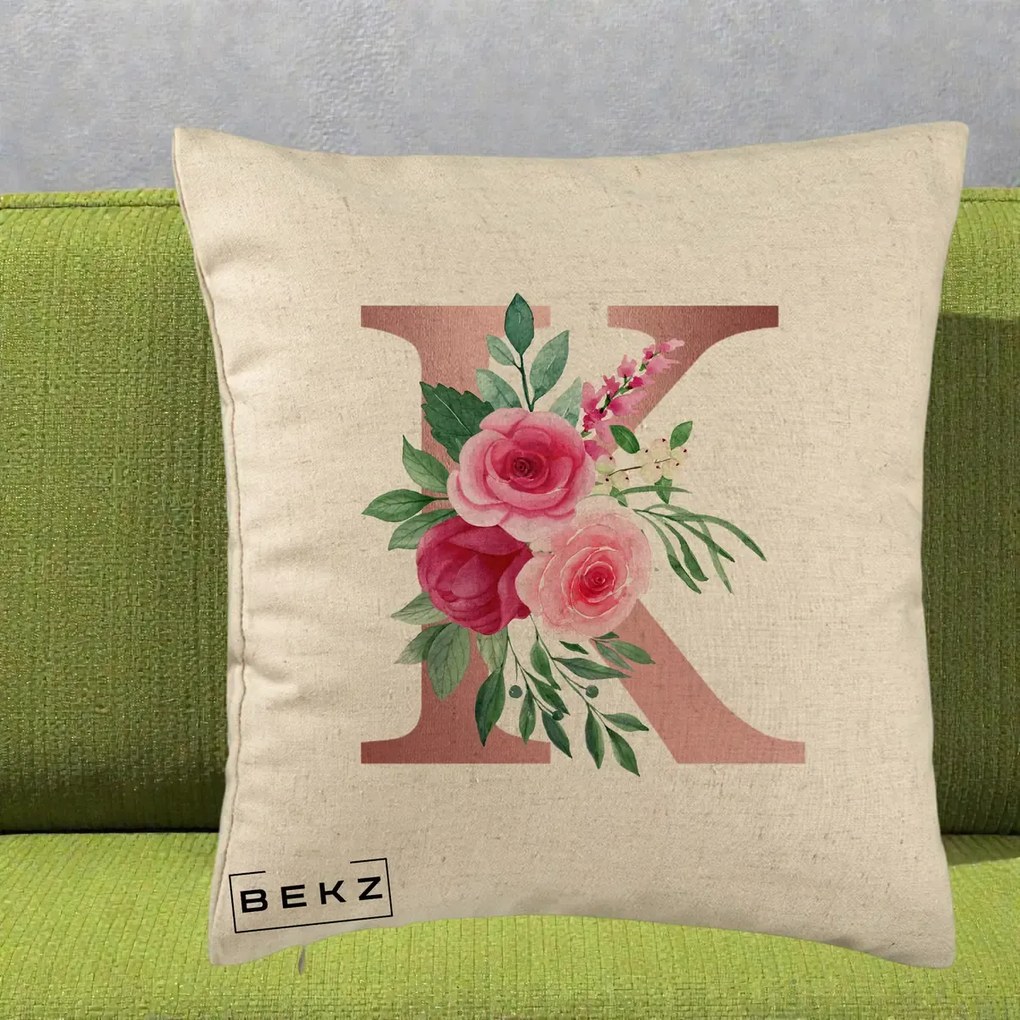 Cadou Personalizat - Perna Personalizata Monograma Rose Gold Litera K, 40x40 cm, Bej, Husa Detasabila, Perna Inclusa, BEKZ®