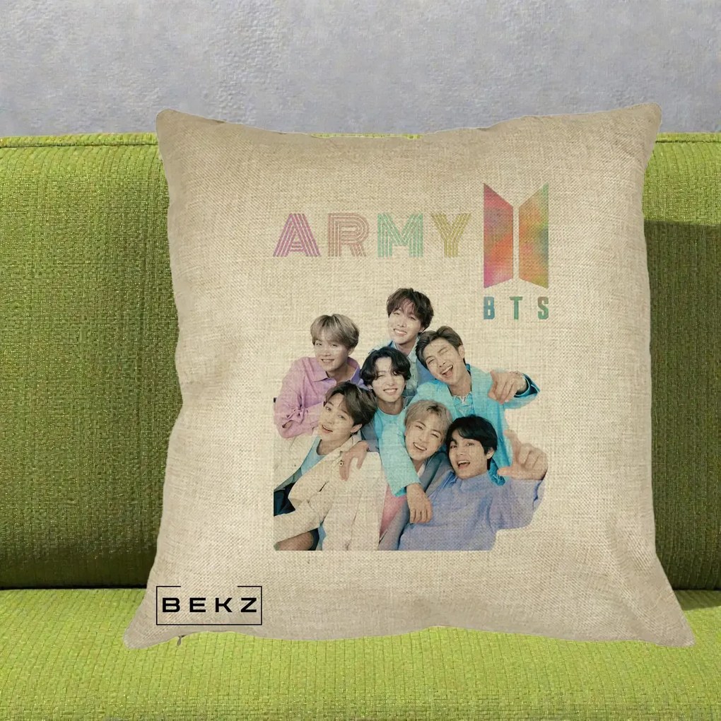 Perna Personalizata K-pop BTS ARMY Fotografie Grup Veseli, 40x40 cm, Crem, Husa Detasabila, Perna Inclusa, BEKZ®