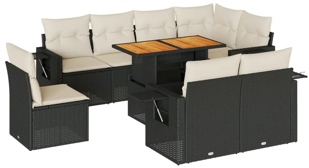 3327164 vidaXL Set mobilier de grădină cu perne, 9 piese, negru, poliratan