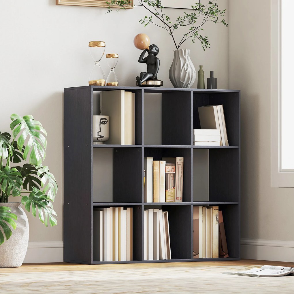 HOMCOM Bibliotecă, etajeră de depozitare în 3 niveluri cu 9 compartimente, pentru living, birou, dormitor, 91x29,5x91cm, gri | Aosom Romania