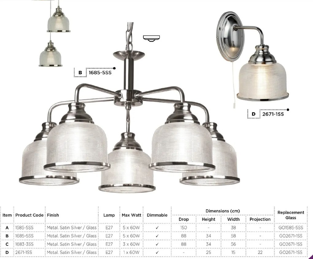 Lustra suspendata design clasic Bistro II 5L argintiu satin 1685-5SS SRT