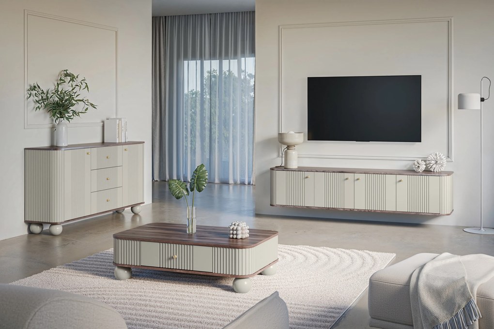 Dulap TV suspendată Vesper 4D 187 cm - cașmir / nuc / mânere aurii