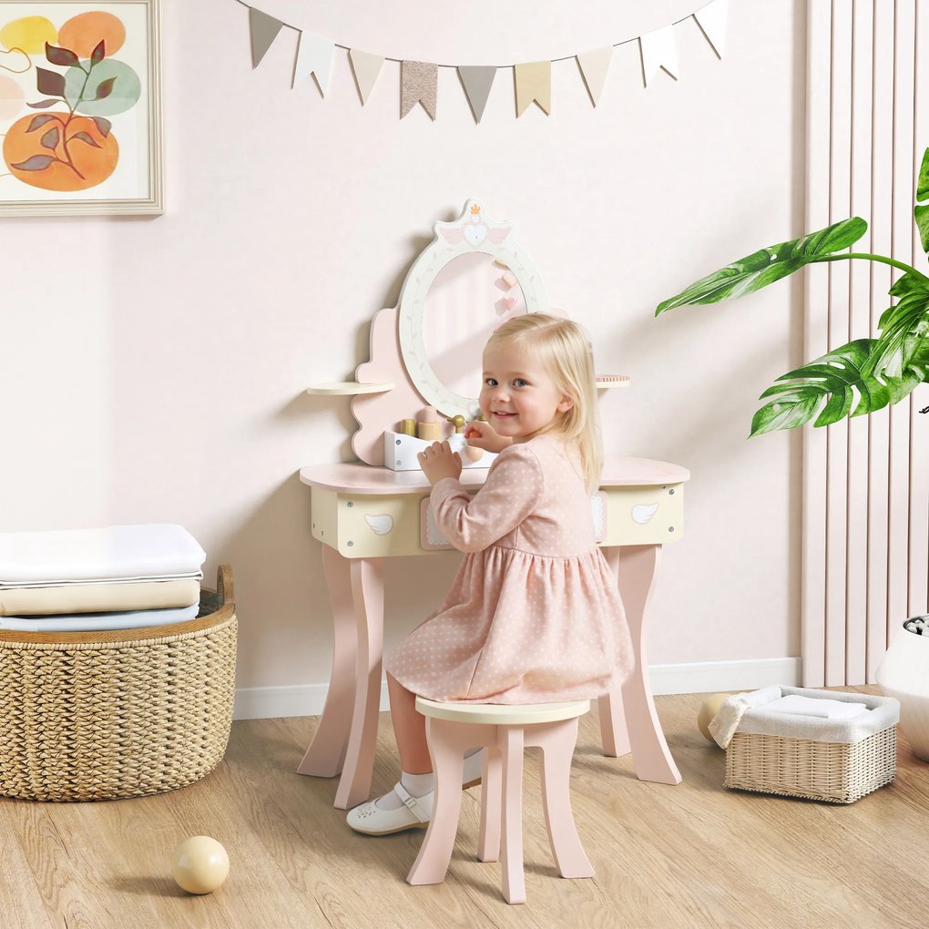 AIYAPLAY Set Masă de Toaletă pentru Copii cu Oglindă și Scaunel, 7 Accesorii de Joc, Sertar, Depozitare pe Birou, Roz | Aosom Romania