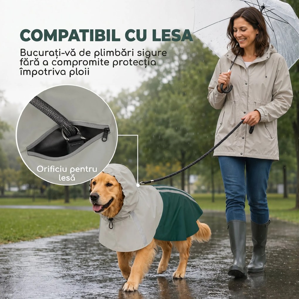 PawHut Impermeabil pentru Câini cu Glugă Orificiu pentru Lesă și Benzi Reflectorizante, pentru Câini Talie Mare, Verde | Aosom Romania