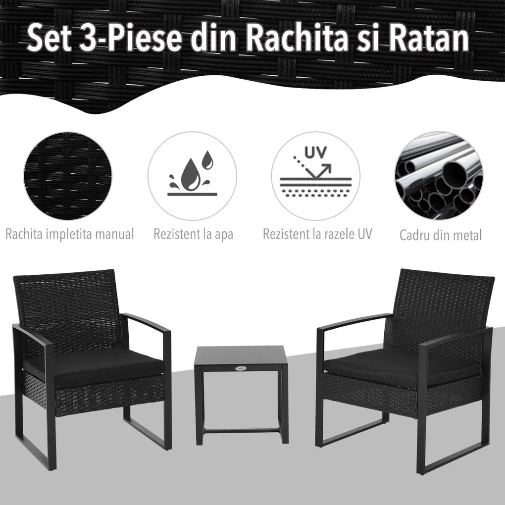 Set Mobilier in Rattan Outsunny de Extern Masa cu 2 Scaune si Perne , Negru | Aosom Romania