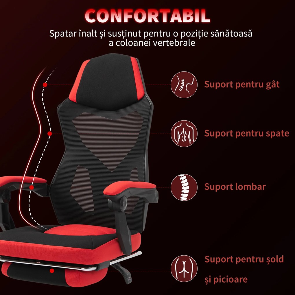 Vinsetto Scaun de Birou Ergonomic și Reclinabil cu Suport pentru Picioare Negru și Roșu | Aosom Romania