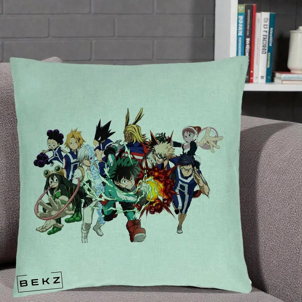 Perna Personalizata My Hero Academia Clasa 1-A Complet, 40x40 cm, Verde Menta, Husa Detasabila, Perna Inclusa, BEKZ®