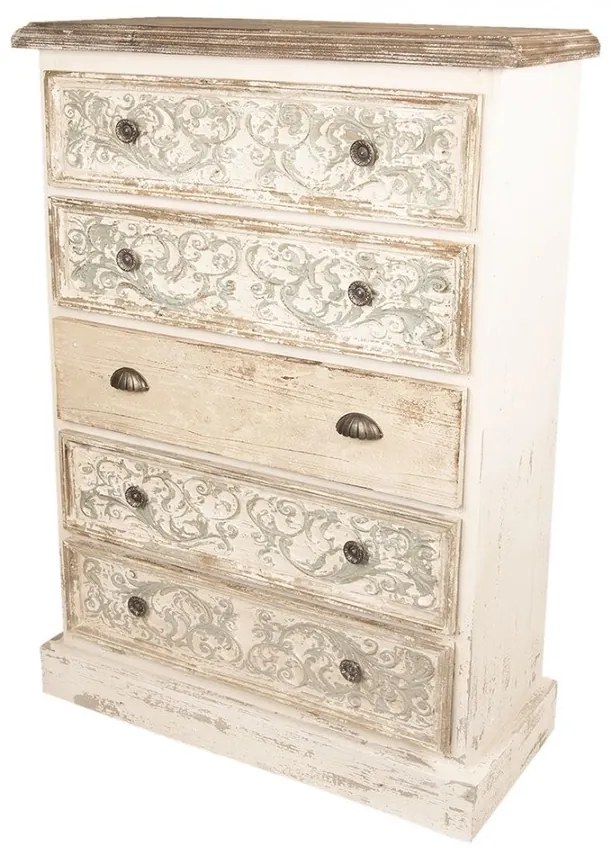 Comoda inalta, bej, din lemn, cu sertare, aspect vintage, Benevola