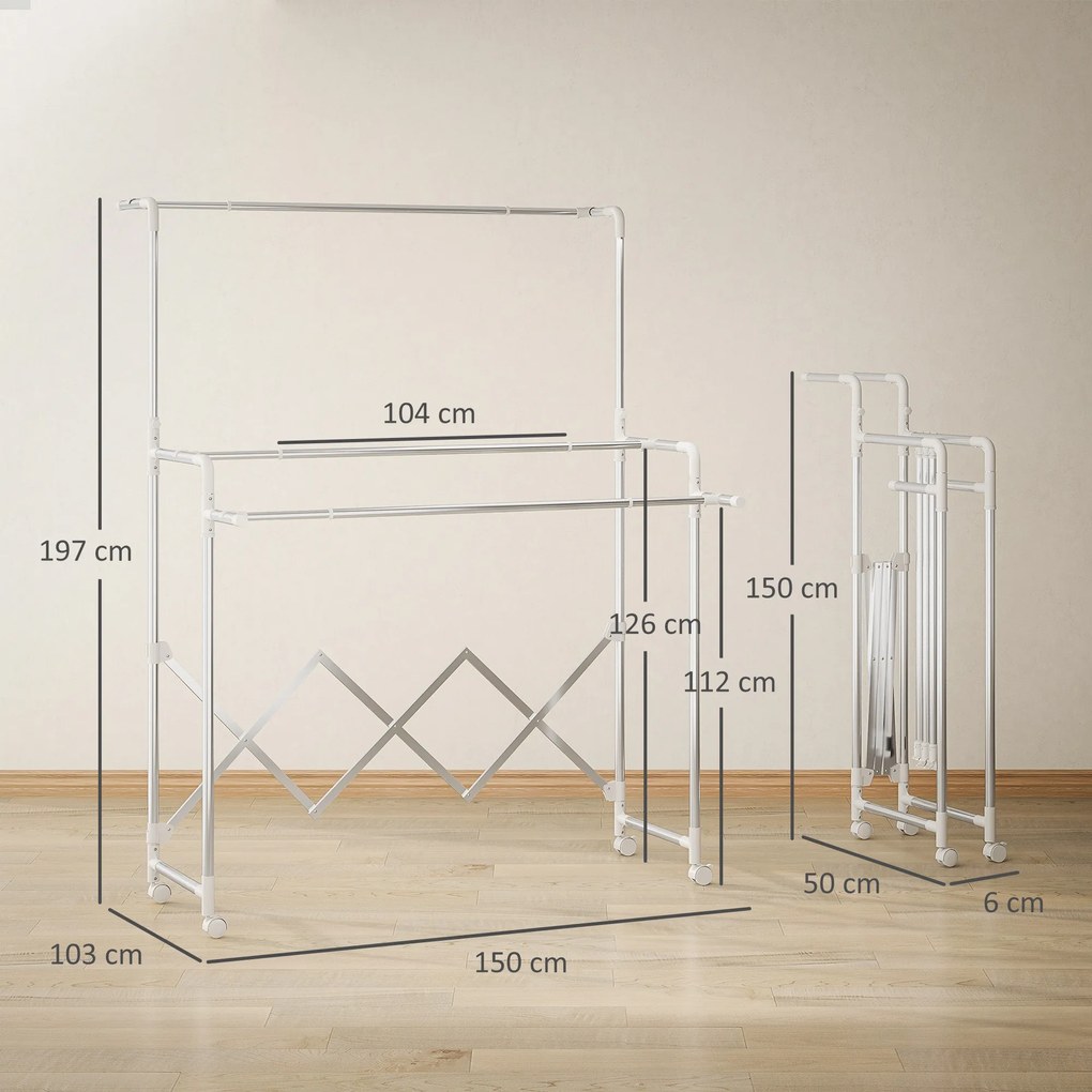 HOMCOM Uscător de Rufe Pliabil cu 3 Bare Reglabile, Uscător Vertical cu Roți Pivotante și Cadru din Oțel Inox, Uscător pentru Acasă și Spălătorie, Argintiu | Aosom Romania