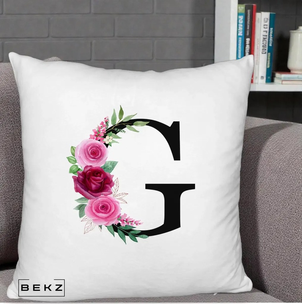 Cadou Personalizat - Perna Personalizata Monograma Florala Litera G, 40x40 cm, Alb Pufos, Husa Detasabila, Perna Inclusa, BEKZ®