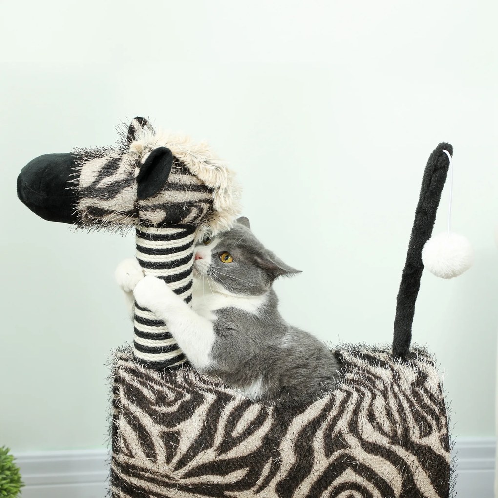 PawHut Copac zgâriat în design zebra, 1 tunel pentru pisici, 3 stâlpi de zgâriat 48,5 cm x 35 cm x 93 cm, Negru + Alb | Aosom Romania