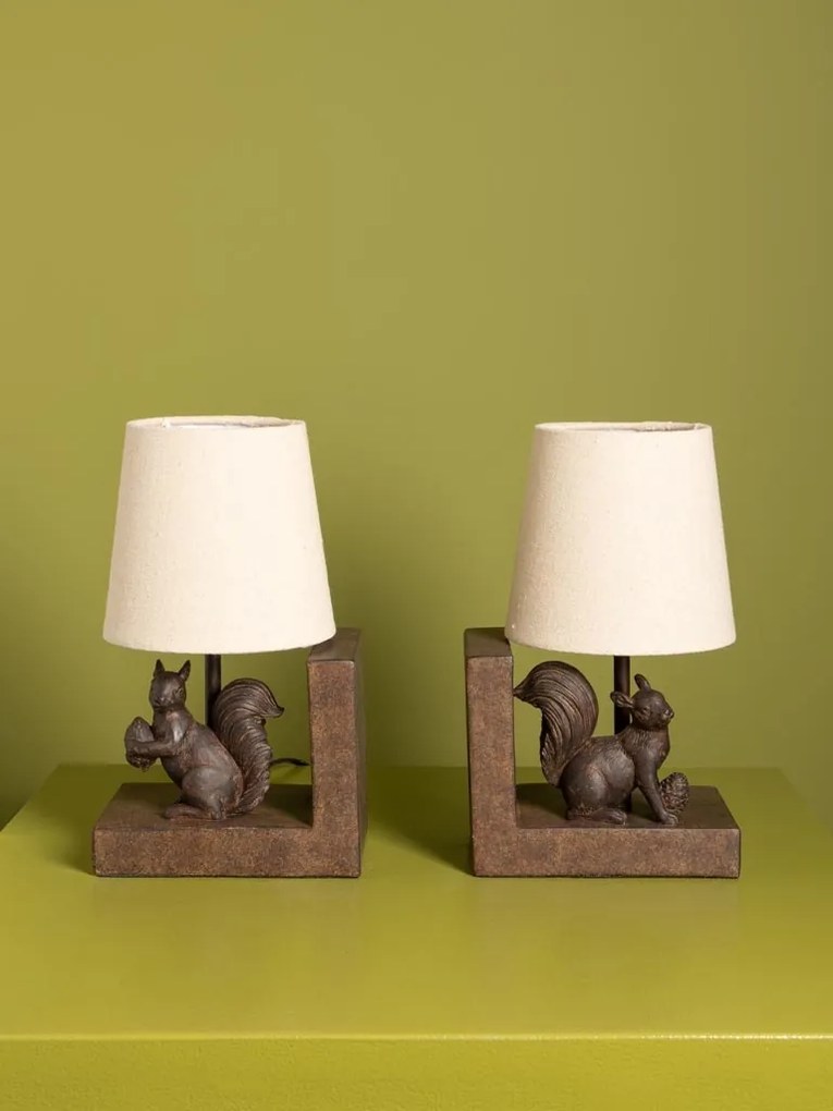 Set 2 lămpi de masă din bumbac bej, cu structură din rășină maro în formă de veveriță, finisaj patinat, 28×31×13 cm, „Squirrel"