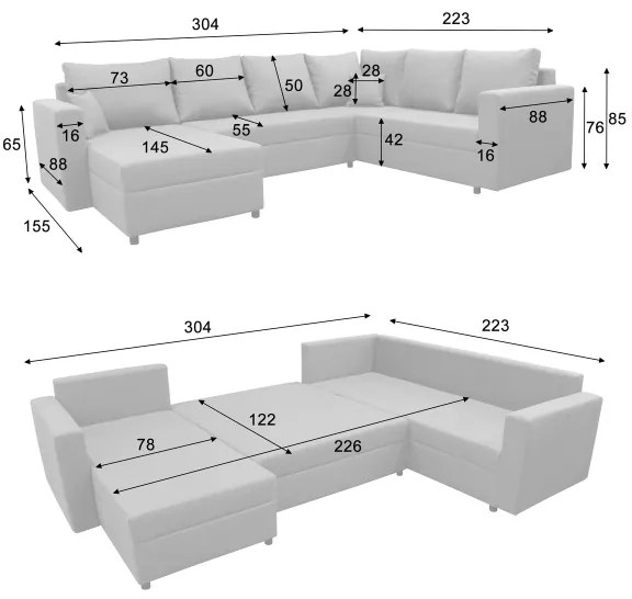 Canapea colțar extensibilă universală în formă de U SEYA, cu spațiu de depozitare, gri