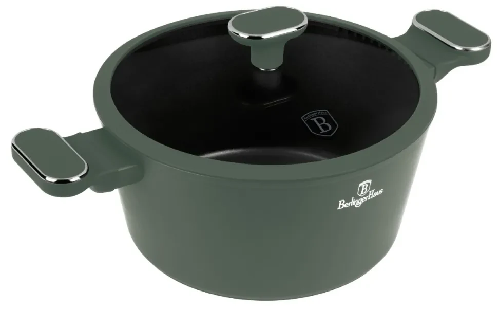 Oală cu capac 24 cm, 4.1L – Berlinger Haus Green Matte Collection BH 8201, verde, cu strat antiaderent din titan, design modern, compatibilă cu toate