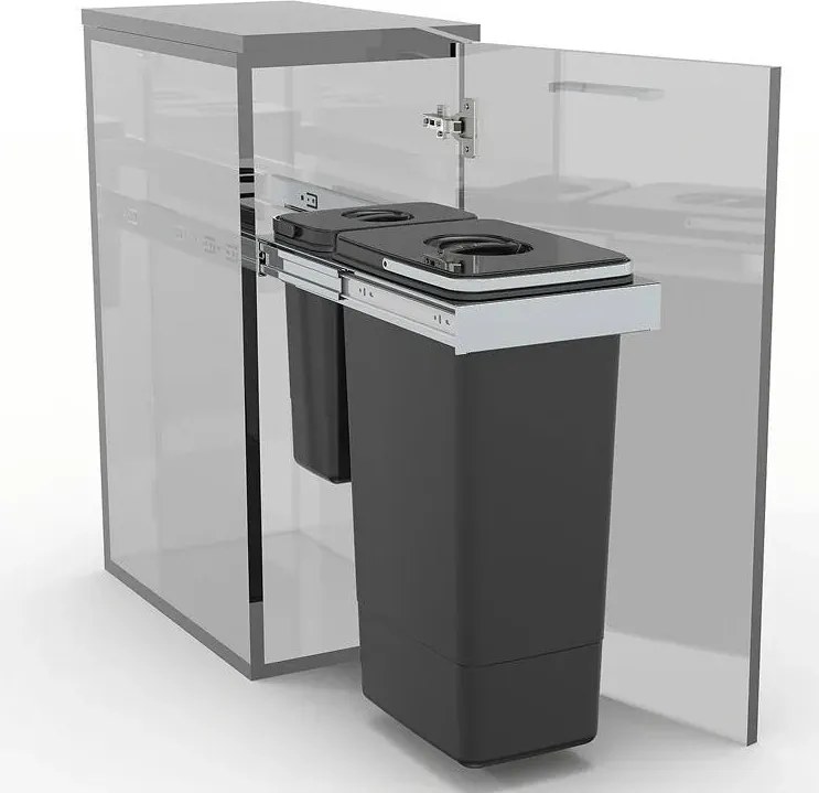 Cos gunoi incorporabil Ecomax Smart Inox 30, cu extragere totala, colectare selectiva, gri antracit, 1 x 26 l + 1 x 7 l Polipropilena Otel