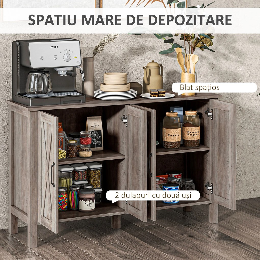 HOMCOM Dulap în Stil Rustic cu 2 Rafturi Reglabile pentru Depozitare, Dulap pentru TV cu 4 Uși, 120x37x75 cm, Gri | Aosom Romania