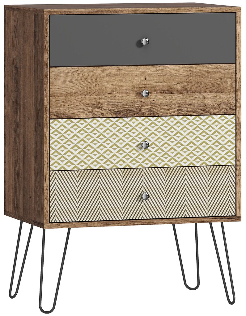 HOMCOM Comodă cu 4 sertare Picioare tip furcă din oțel Stil boem 60x39x86 cm Multicolor | Aosom Romania