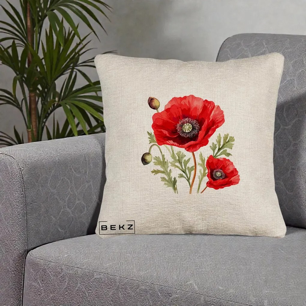 Perna Decorativa Maci Rosii Acuarela, 40x40 cm, Bej Canapea, Husa Detasabila, Perna Inclusa, BEKZ®