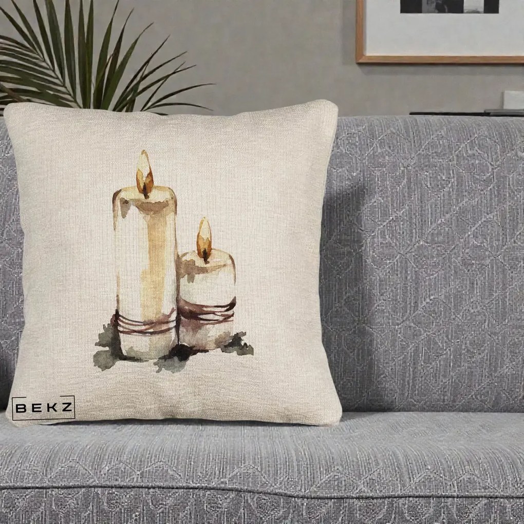 Perna Decorativa Lumanari Acuarela Iarna, 40x40 cm, Bej Canapea, Husa Detasabila, Perna Inclusa, BEKZ®