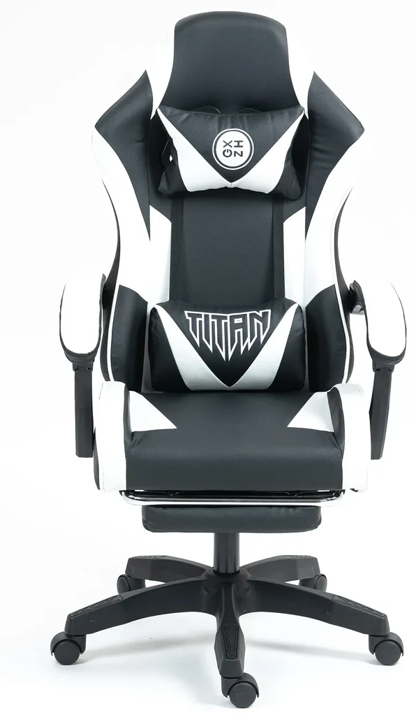 Scaun gaming, masaj în perna lombară, suport picioare, piele PU, Negru/Alb