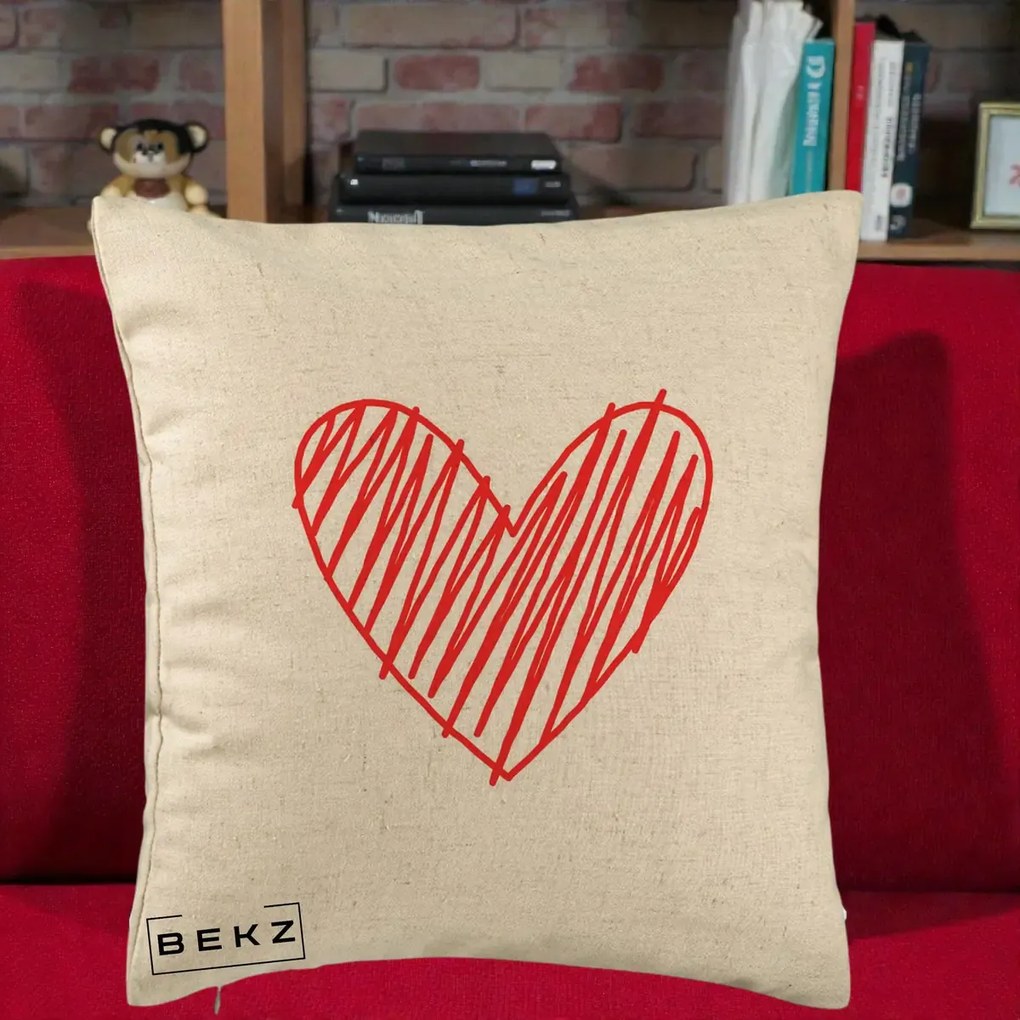 Perna Decorativa Inima Rosie Desen Manual, 40x40 cm, Bej, Husa Detasabila, Perna Inclusa, BEKZ®