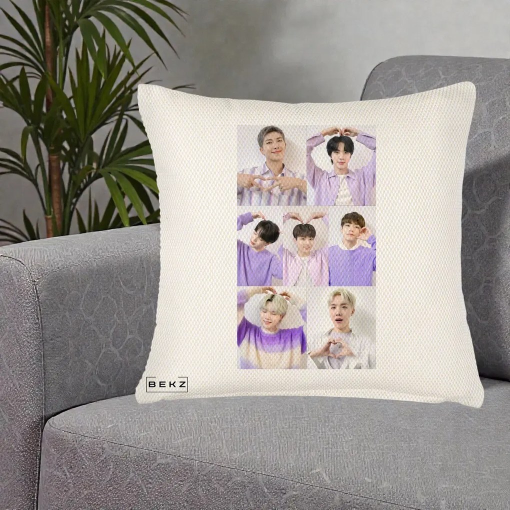 Perna Personalizata K-pop BTS Colaj 7 Portrete cu Inimi Lila, 40x40 cm, Crem Reliefat, Husa Detasabila, Perna Inclusa, BEKZ®