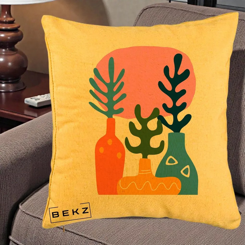Perna Decorativa Vaze Botanice Abstract, 40x40 cm, Galben, Husa Detasabila, Perna Inclusa, BEKZ®