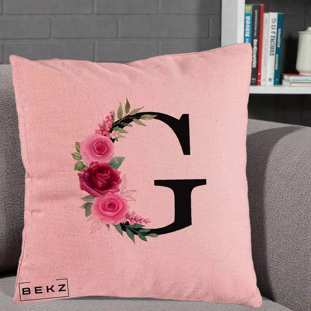 Cadou Personalizat - Perna Personalizata Monograma Florala Litera G, 40x40 cm, Roz, Husa Detasabila, Perna Inclusa, BEKZ®