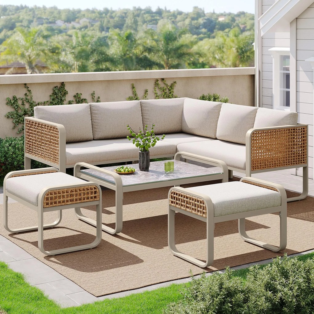 Set de lounge pentru grădină pentru 6-7 persoane, mobilier din ratan cu cadru din fier galvanizat și picioare reglabile, inclusiv perne pentru șezut și spate, Bej