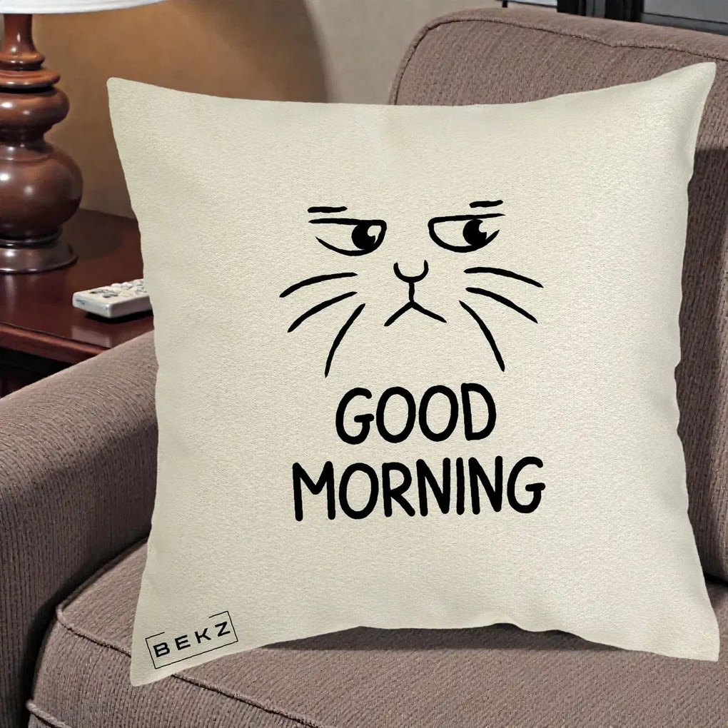Perna Decorativa Pisica Morocanoasa Good Morning, 40x40 cm, Ecru, Husa Detasabila, Perna Inclusa, BEKZ®
