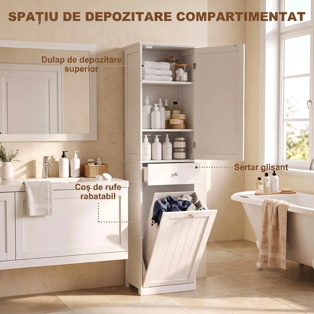 HOMCOM Dulap de baie tip coloană 180 cm cu coș de rufe rabatabil, alb | Aosom Romania