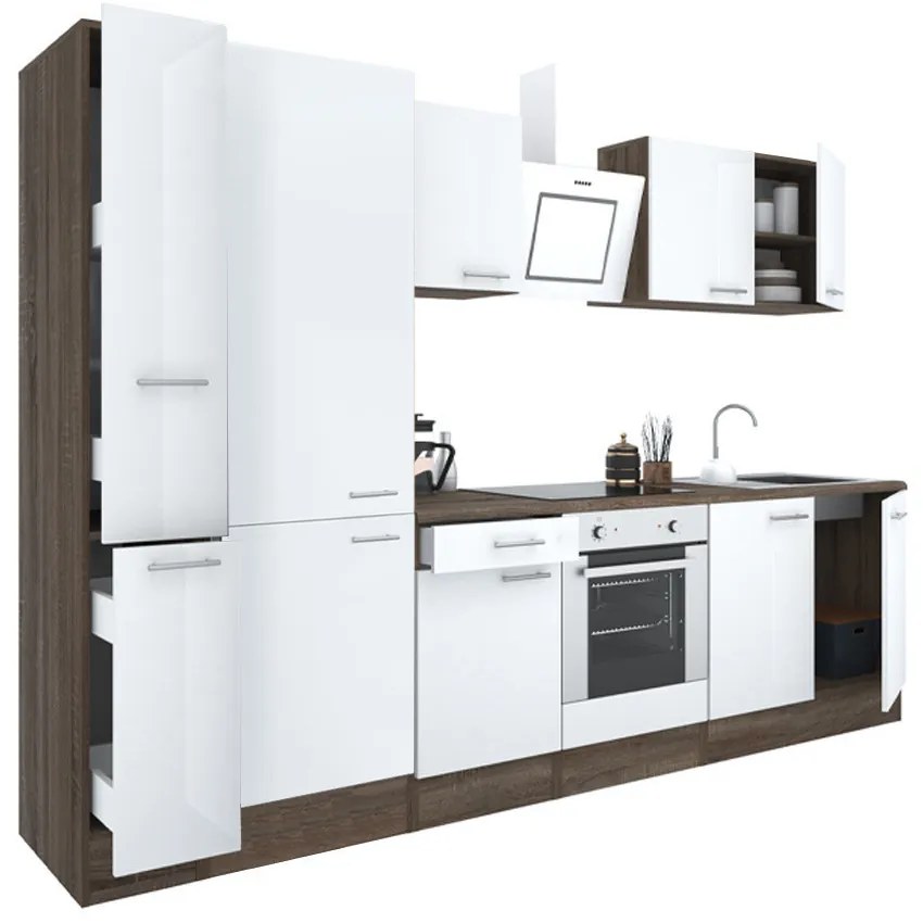 Mobilă de bucătărie Yorki 300, corp din stejar Yorki, față alb satinat cu element inferior al cuptorului, dulap cu raft