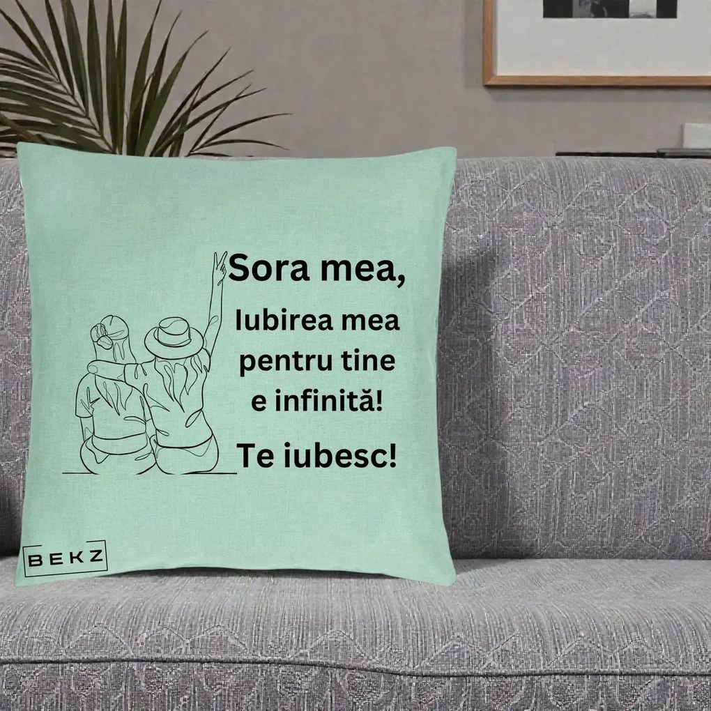Perna personalizata sora: Sora mea, te iubesc, fete cu palarii, 40x40 cm cu Umplutura, Verde Menta, BEKZ