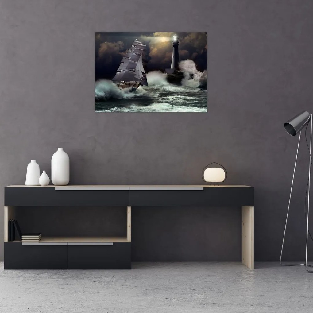 Tablou pe sticlă - Vapor în furtună (70x50 cm)