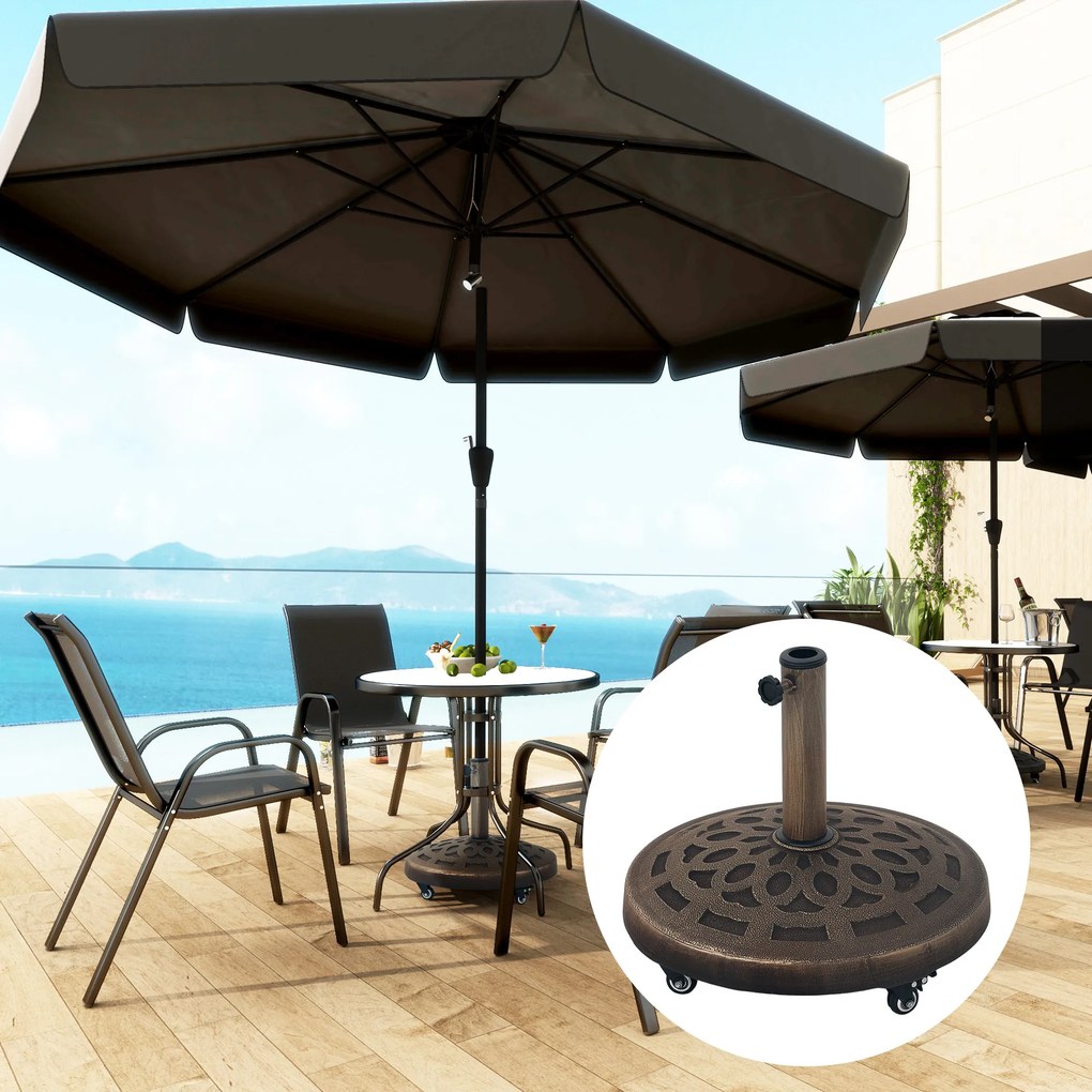 Outsunny Bază Rotundă pentru Umbrelă de Terasă cu Roți, Bază din Rășină de 21 kg, Suport Robust pentru Stâlpi de 3,3/3,8/4,8 cm pentru Exterior, Grădină, Marginea Piscinei, Bronz | Aosom Romania