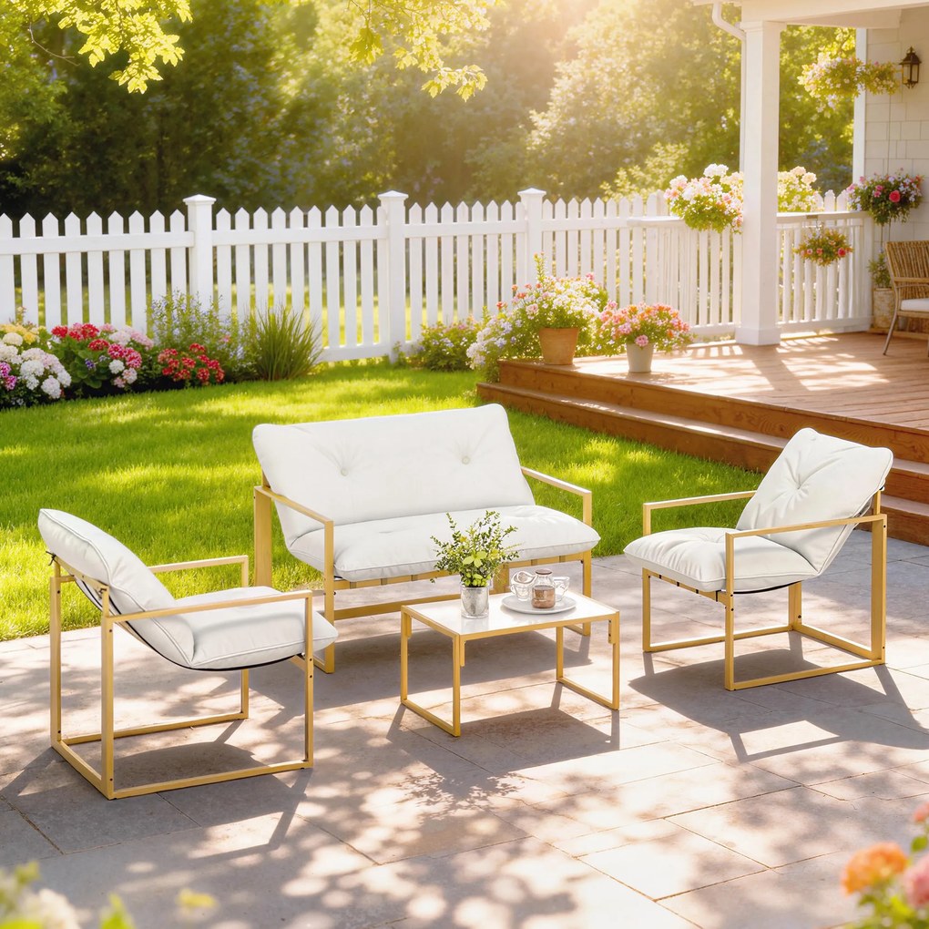 Set mobilier pentru grădină 4 piese Outsunny, set pentru terasă cu masă cu blat din sticlă securizată, canapea, 2 fotolii, Alb | Aosom Romania