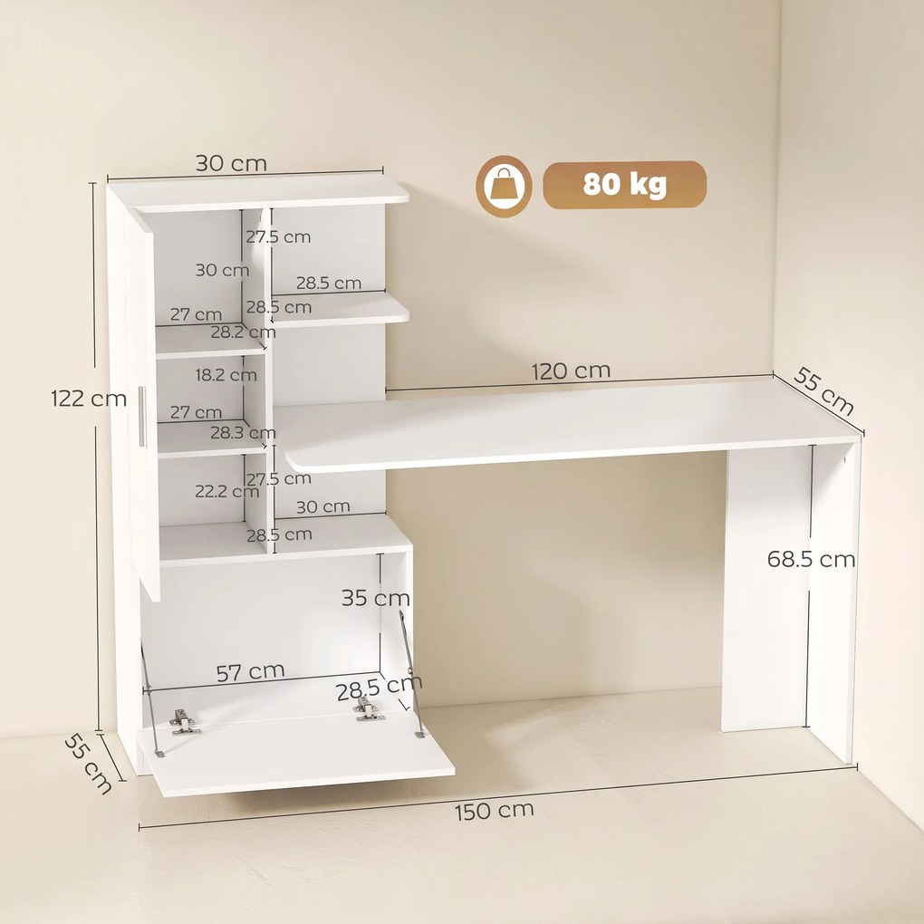 HOMCOM Birou pentru calculator cu bibliotecă și dulap, 150 cm, alb | Aosom Romania