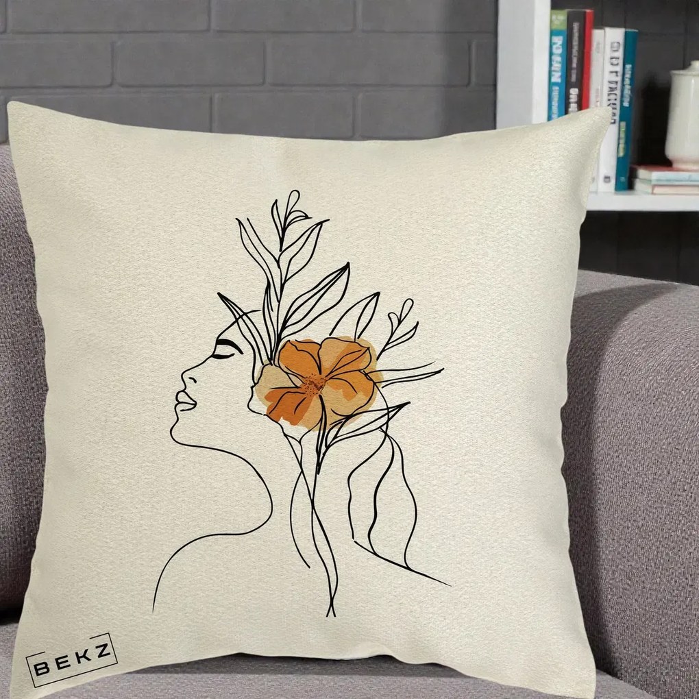 Perna Decorativa Portret Feminin Floare Portocalie Lateral, 40x40 cm, Ecru, Husa Detasabila, Perna Inclusa, BEKZ®