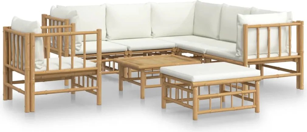 vidaXL Set mobilier de grădină, cu perne alb crem, 8 piese, bambus