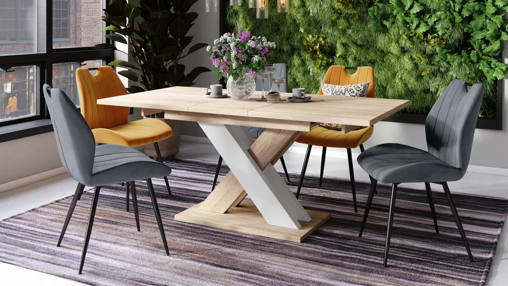 Mazzoni KARO Stejar Sonoma/Alb Mat – MASĂ/MĂSUȚĂ DE CAFEA MODERNĂ CU BLAT EXTENSIBIL până la 180 cm