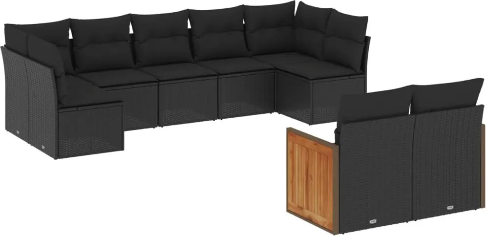 vidaXL Set mobilier de grădină cu perne, 9 piese, negru, poliratan