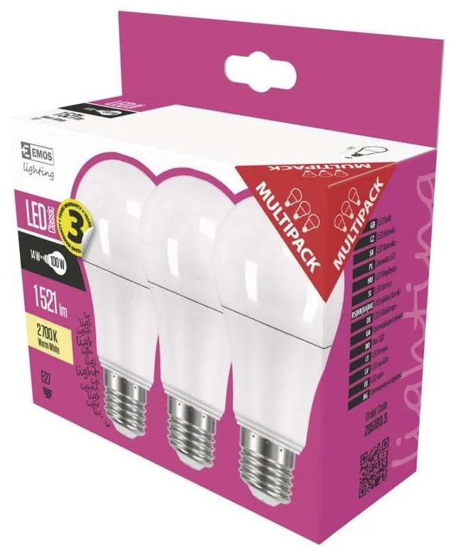 Set 3 becuri cu LED EMOS Classic A60 Warm White, 13,2W E27