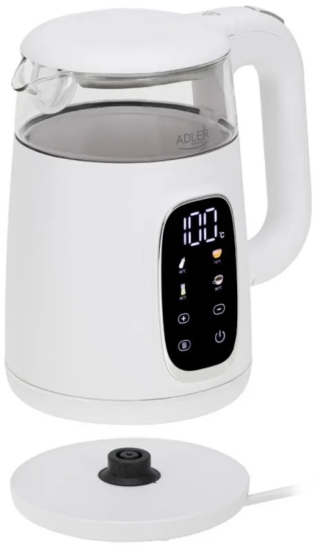 Cana electrica Adler AD 1305, 1850/2200 W, 1,7 l, Control tactil, Afisaj LCD color, 5 setari temperatură 40-100°C, Filtru antidecantare, Alb
