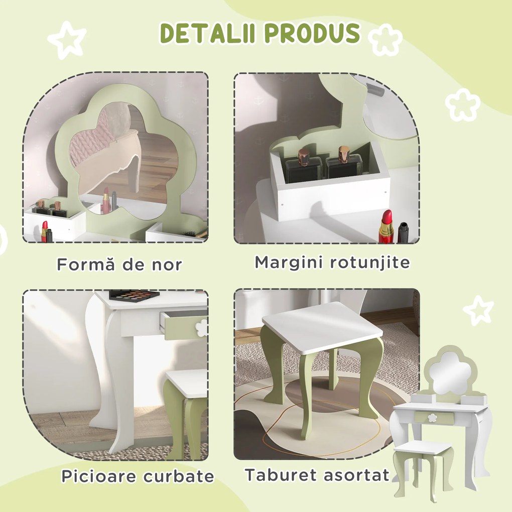 ZONEKIZ Set de toaletă pentru copii cu oglindă de machiaj și scaunel asortat din lemn, sertar și recipiente, alb | Aosom Romania