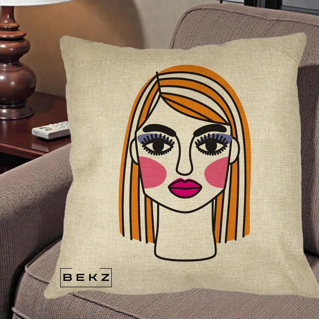 Perna Decorativa Portret Pop Art Fata, 40x40 cm, Crem, Husa Detasabila, Perna Inclusa, BEKZ®